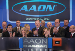 Norm Asbjornson, president and CEO of AAON, Inc., rang the opening bell of the NASDAQ Stock Market in celebration of the 25th anniversary of AAON as a public company.