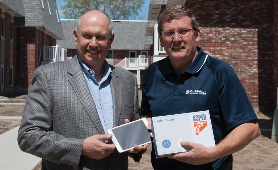 Shown above, Rectorseal’s New England territory manufacturer’s representative, Robert Forbes (left), a partner with Gimper Forbes LLC in Edison, New Jersey, presents Clarke (right) with the iPad Mini 3.