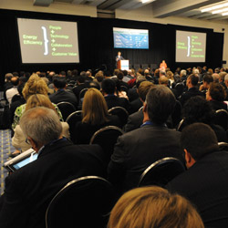 ASE president Kateri Callahan speaks to a standing-room-only crowd at the opening session of the EE Global Forum.