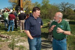 Andrew Shive, Appalachian Sales Group, and Dick Burhans, Rebearth Products, discuss drilling techniques.
