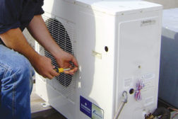 A condensing unit is part of a configuration that includes a new defrost scheme and evaporator fan unit with electronically commutated motors (ECMs).