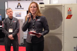 Mitsubishi Electricâ??s Pam Androff, product manager, commercial equipment, discussed the new H2i technology during a press conference at the AHR Expo on Tuesday.