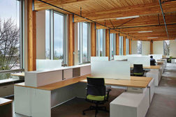 An interior office space occupies part of the six-story, 50,000-square-foot Bullitt Center building in Seattle.