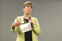 Kari Arfstrom, executive director of the HVACR Workforce Development Foundation, speaks during a keynote presentation at the 2015 HVACR & Mechanical Conference for Education Professionals.