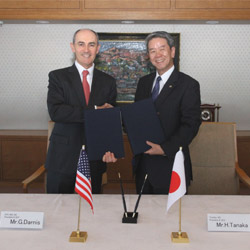 Geraud Darnis, president and CEO, UTC Building & Industrial Systems, and Hisao Tanaka, president and CEO, Toshiba Corp., announced plans to establish engineering centers in India, North America, and Europe.