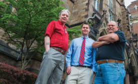 Rick Calhoun (left), mechanical engineer, SED Engineering; Mike Oppel (middle), heating sales, Emerson Swan; and Ray Circys (right), operations manager, Farina Corp., Charlestown, Massachusetts, stand outside the historic church.