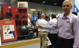 Paul Goldman, vice president of marketing and communications, Regal-Beloit Corp., highlights a Browning-brand notched belt application at the 2016 AHR Expo in Orlando, Florida.
