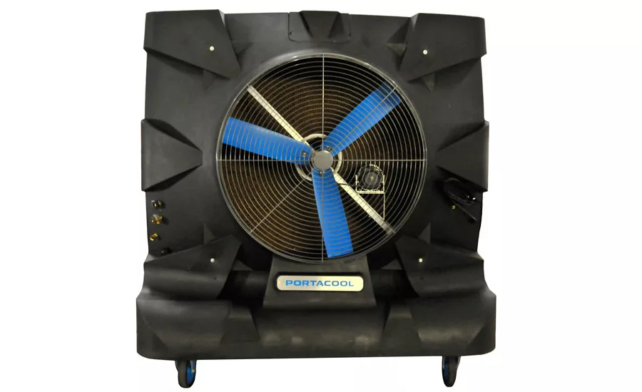 This 48-inch portable evaporative cooler from Portacool LLC, which is available at 28,500 cfm, is designed for industrial applications. PHOTO COURTESY OF PORTACOOL