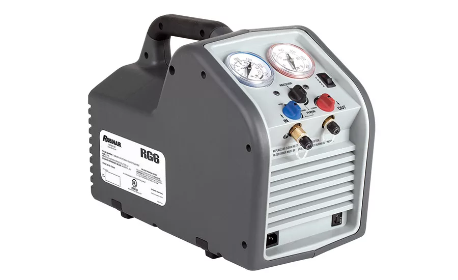 The RG6 portable refrigerant recovery machine from Robinair is equipped with a rugged case