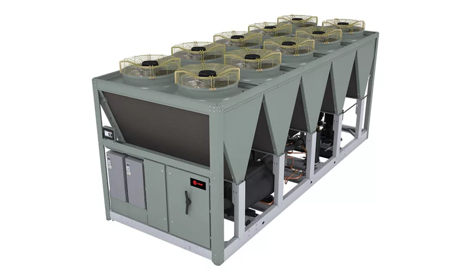 Trane Sintesis chillers leverage variable-speed technology on both the compressor and condenser fans for high-efficiency performance during both part-load and full-load operation. Photo courtesy of Trane