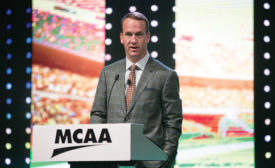NFL quarterback Peyton Manning talks with MCAA members about leadership and teamwork.
