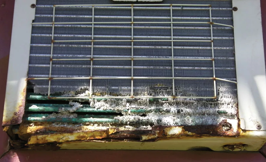 FIGURE 2: Salty air has corroded or destroyed the fins on this condenser, which means heat transfer will be impeded.