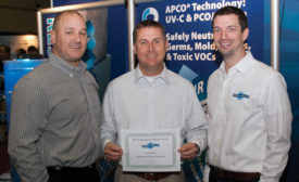 Daugherty Sales Co. Inc. employees Justin Revels(left), HVAC Sales – North Carolina and Scott Daugherty (center), HVAC Sales – South Carolina receive a 10-Year Anniversary Award
