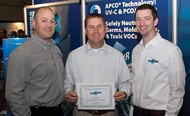 Daugherty Sales Co. Inc. employees Justin Revels(left), HVAC Sales – North Carolina and Scott Daugherty (center), HVAC Sales – South Carolina receive a 10-Year Anniversary Award
