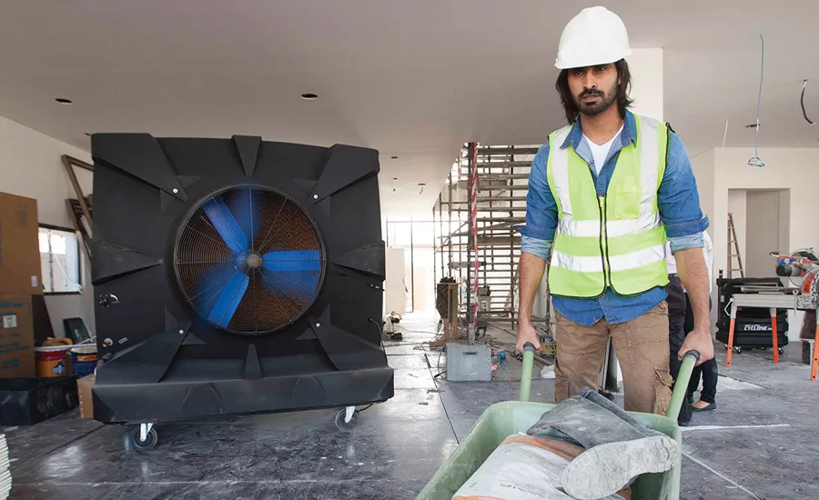 In a manufactured evaporative cooler, a water pump assists in creating the evaporative effect and a fan distributes the cool air.