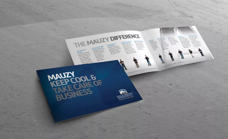 Mauzy Heating, Air & Solar has a folder it leaves with every client that includes a print version of its About Us web page. Photo courtesy Of Graphic D-Signs Inc.