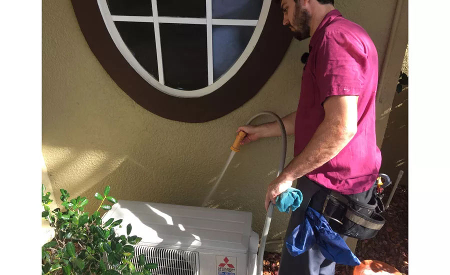 Washing a ductless condenser coil — Rectorseal Desolv™ — used to clean the evaporator in place - Ductless Systems - ACHR