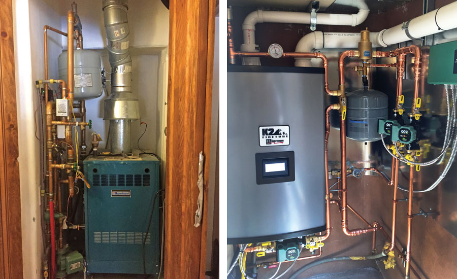 Before (left), this home had a typical closet hydronic space. Now (right) it includes a new, high-efficiency gas boiler, Taco zone control, and two 007e ECM circulators for well-balanced heat distribution. - ACHR