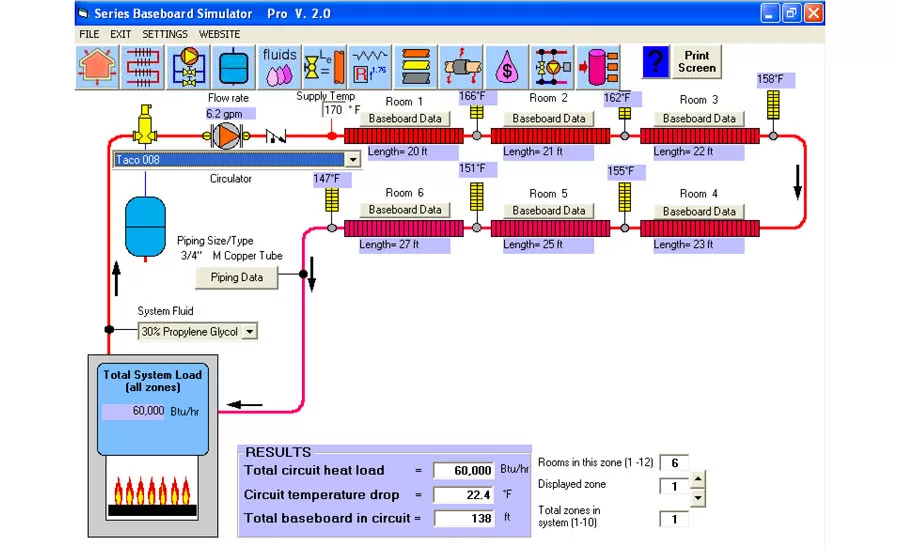 FIGURE 2: Software like Hydronics Design Studio can size series-connected baseboards, taking temperature drop and several other variables, such as circuit flow rate, fluid type, and individual room temperatures, into account. - ACHR News