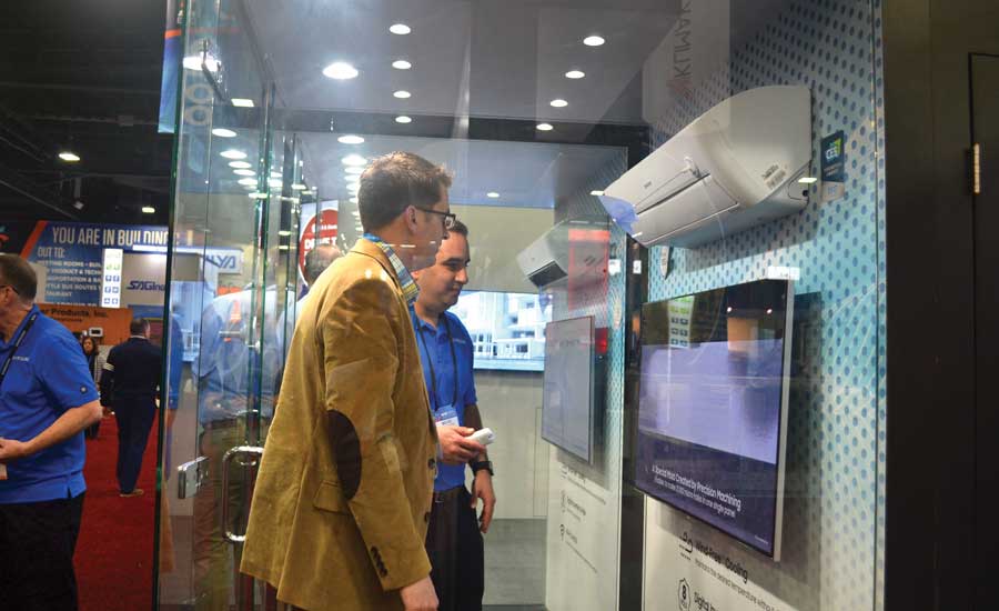 Samsung demonstrated its Wind-Free products at the 2019 AHR Expo in Atlanta by displaying wall-hung units in enclosed areas within its booth. - The ACHR News