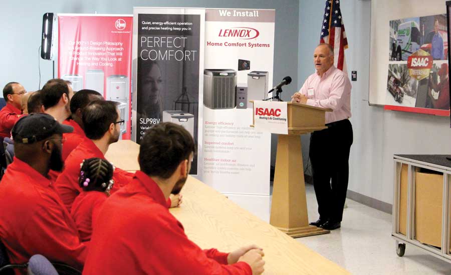 Online HVAC Sales - Eric Knaak, vice president and general manager, Isaac Heating & Air Conditioning, addresses a group of boot camp graduates. - The ACHR News