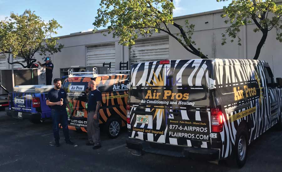 Air Pros uses bright cheetah- and tiger-print wraps on their vans to make them stand out on the road. - The ACHR News