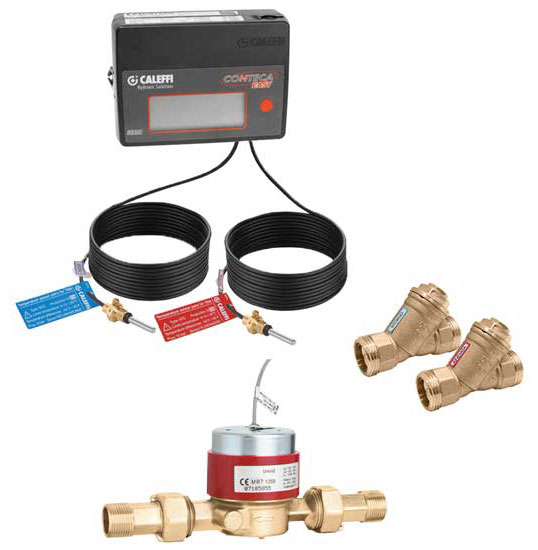 These components are part of the Conteca™ 7504 Series from Caleffi North America Inc. It includes the heat energy meter, two integral temperature sensors, two sensor holder bodies, a rotary pulse flow meter, and accessories. - The ACHR News