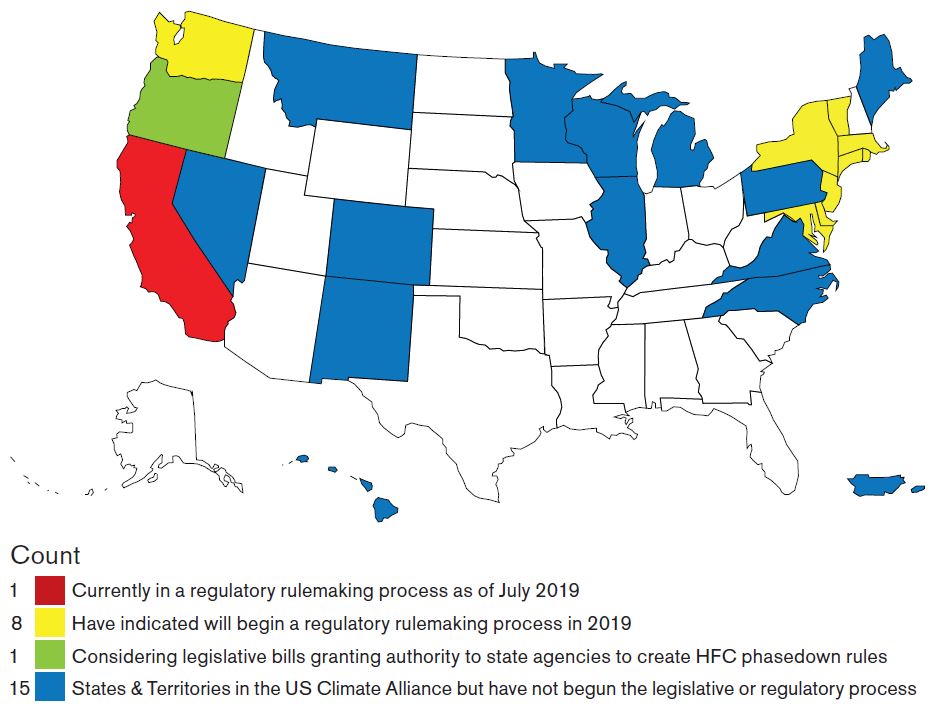 Map of U.S. state activities regarding higher-GWP HFC phasedowns.