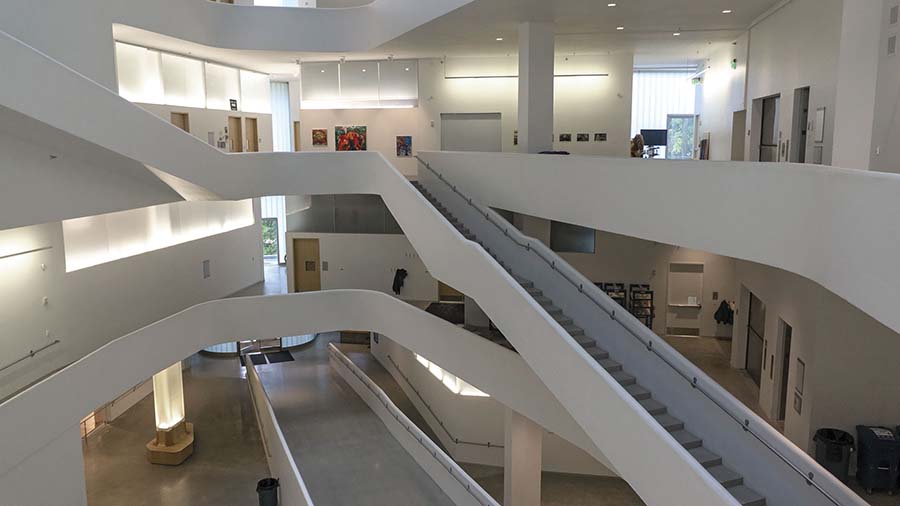View of the atrium from the fourth floor of the University of Iowa Visual Arts Building.