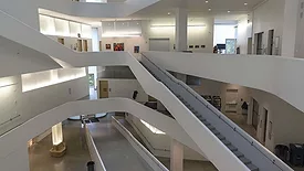 View of the atrium from the fourth floor of the University of Iowa Visual Arts Building.
