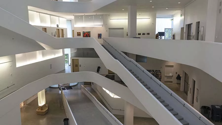 View of the atrium from the fourth floor of the University of Iowa Visual Arts Building.