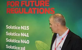 Chris LaPietra, vice president and general manager of Honeywell Stationary Refrigerants, looks over a list of the company’s offerings.