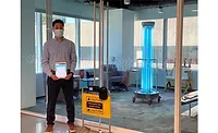 A robot from UBTech Solutions cleans a room using ultraviolet light.