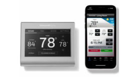 Resideo thermostat and smarthphone.