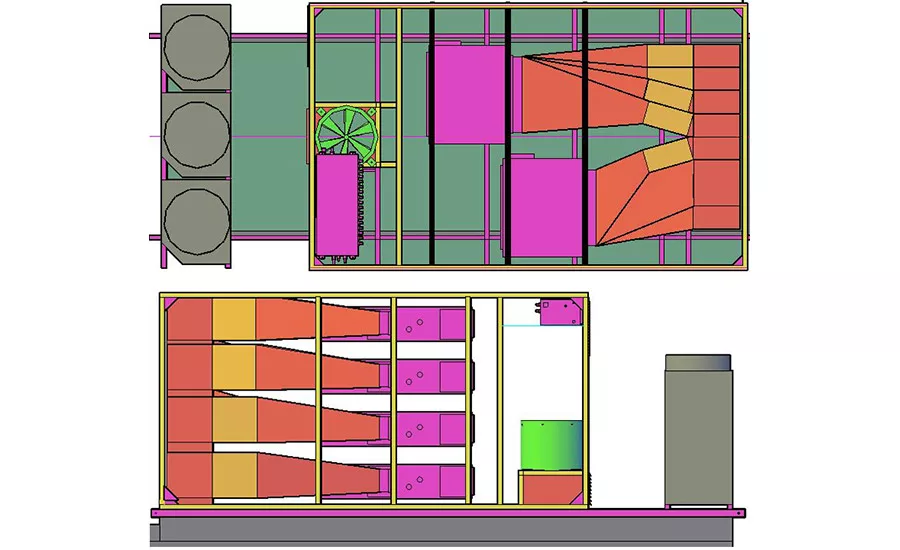 An isometric view of the custom, roof-mounted multi-zone air handlers that now serve the Rithet Building.
