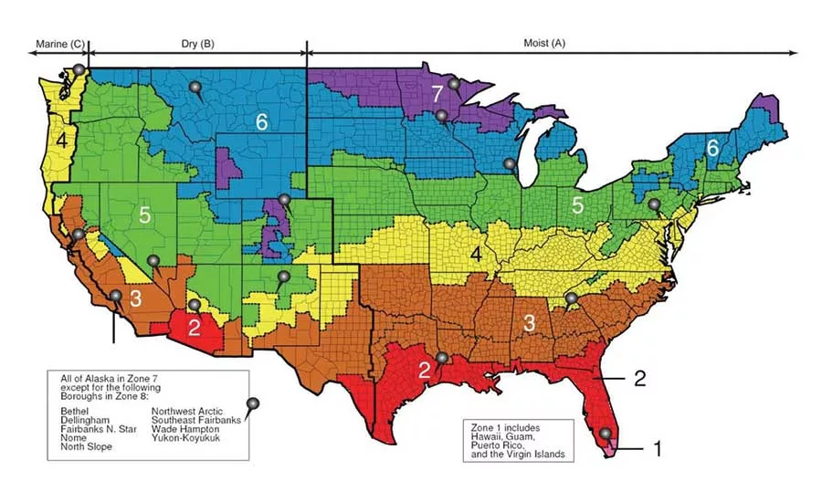 Figure 8. DOE climate zones and representative cities. [10]