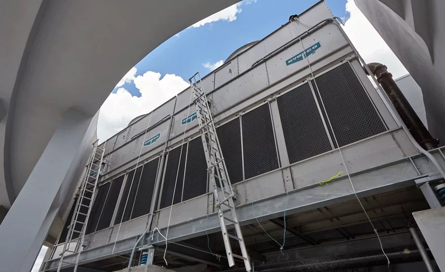 these buildings is served by a two-cell EVAPCO cooling tower