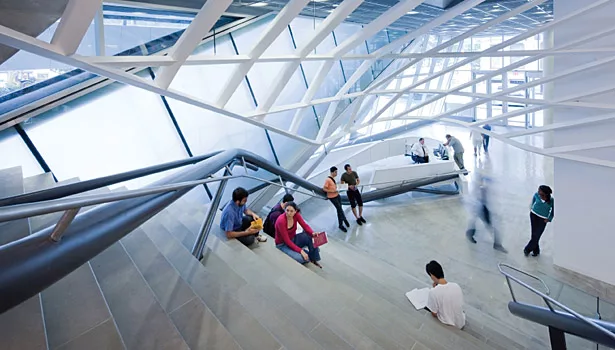Interior stairwell of the main lobby, which employs radiant floor heating.