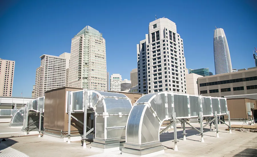 Newly installed ductwork is shown with downtown San Francisco