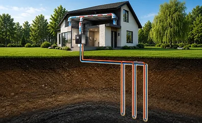 An illustration shows a house with a geothermal heating system. Pipes are depicted running underground.