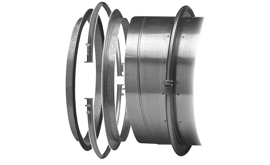 A multipart view of Sheet Metal Connectors’ E-Z Flange with barrel-clamp assembly.